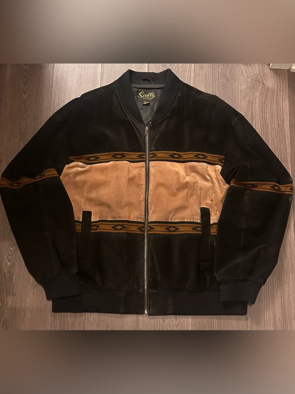 Vintage 90s Scully Jacket Black Tan Leather Suede Southwest Bomber